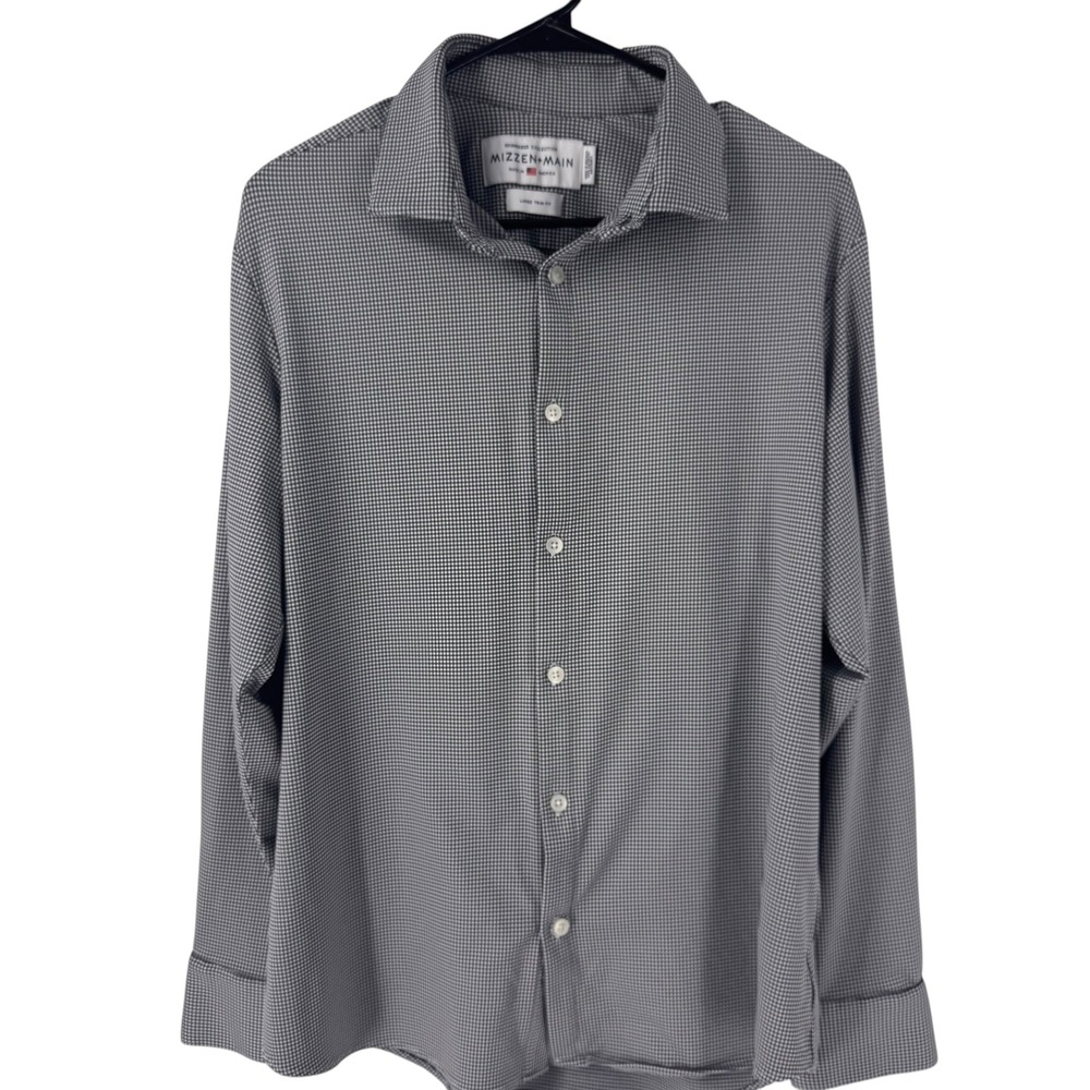 Mizzen+Main Spinnaker Navy White Gingham Trim Fit Performance Shirt Mens Large - Picture 5 of 12